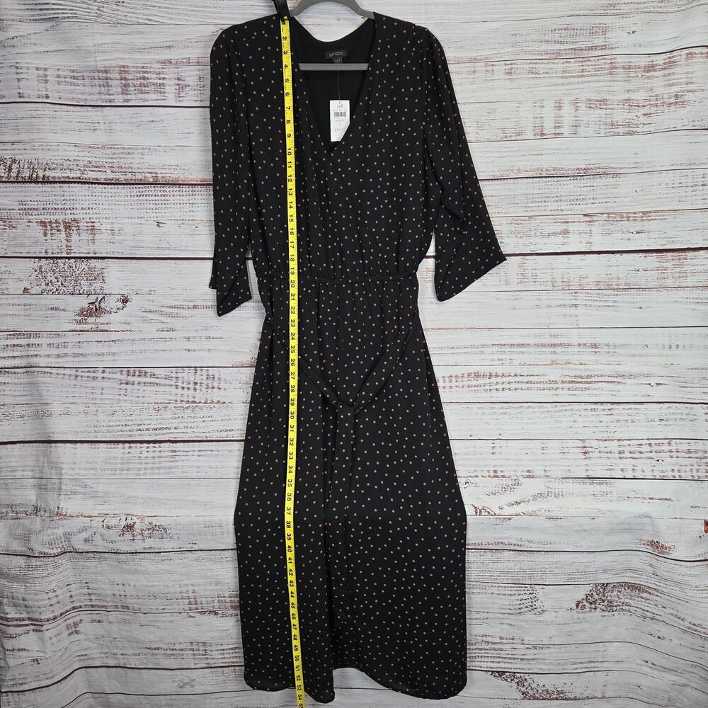 J.Jill Wearever VNeck Black Midi Dress L Tan Polka Dot Belt Lined Careerwear NWT